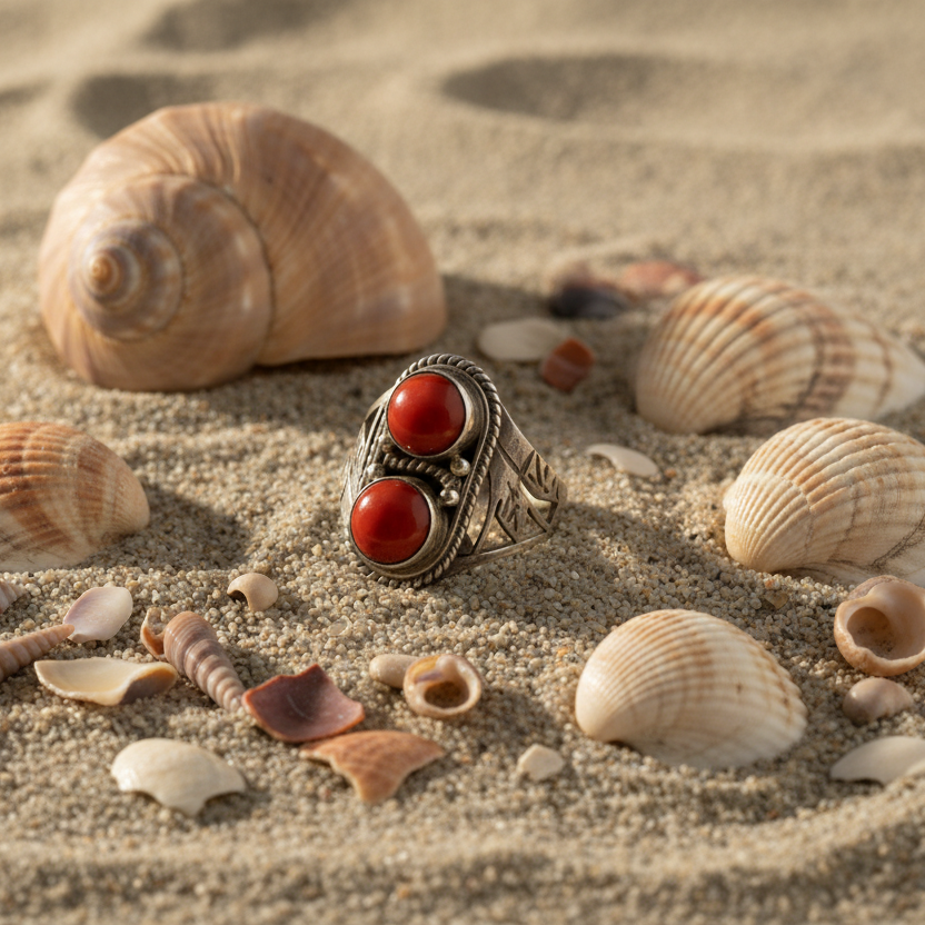 Anillo de coral con piedra doble 8-8