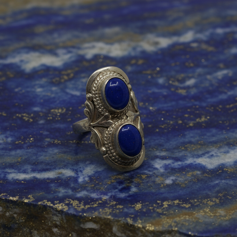 Anillo de piedra redonda de lapislázuli doble 7-7