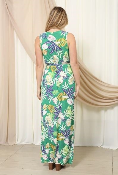 Sleeveless Maxi Print Dress with Front Tie