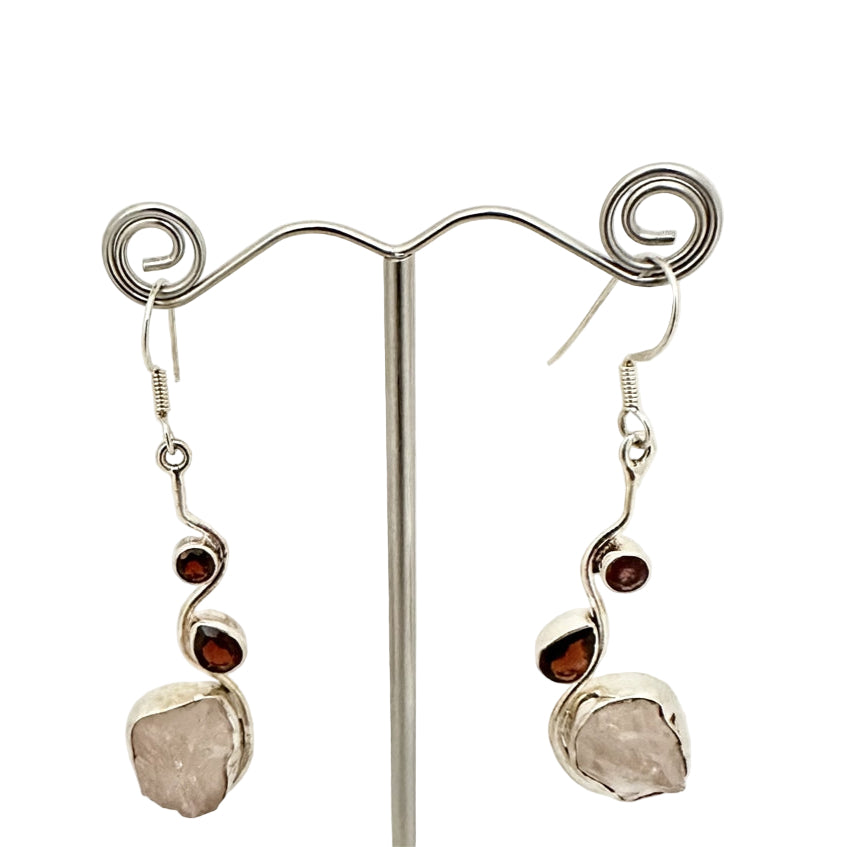 Rose Quartz & Garnet Dangly Earrings