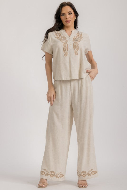 Blouse And Pants Embroidery Linen Set
