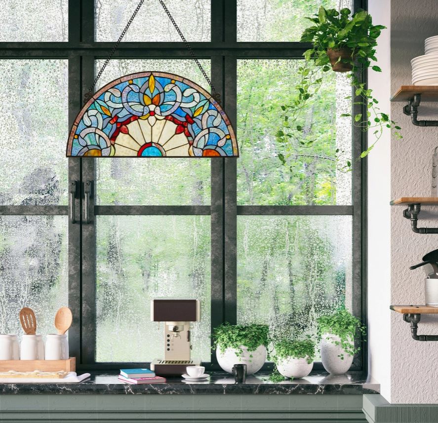 Maxine Blue Half Moon Stained Glass Window Panel