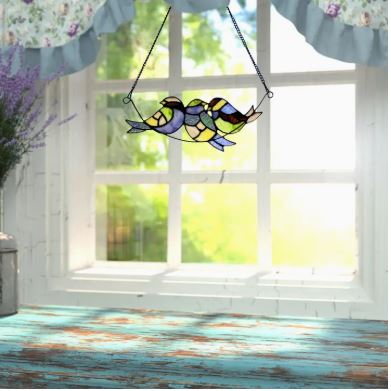Peyton Blue Three Birds Stained Glass Window Panel