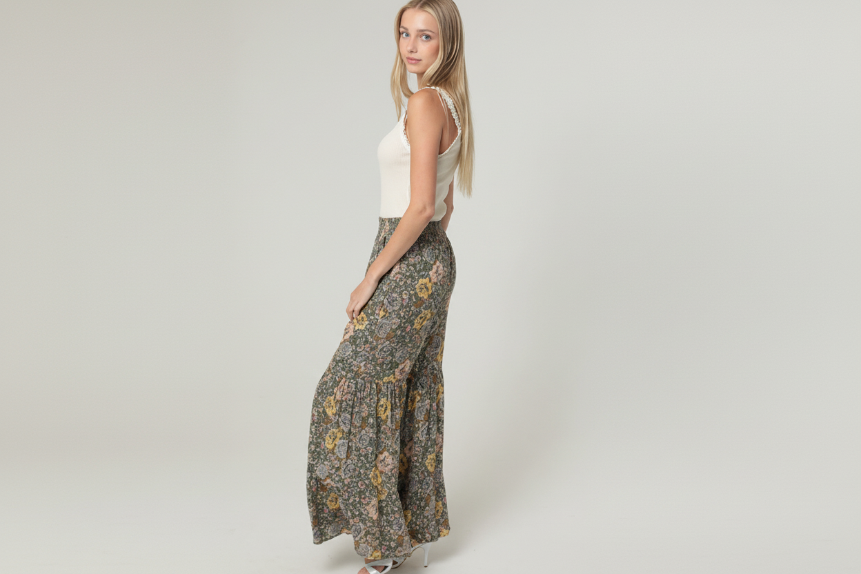 Olive Wide Leg Tiered Pants