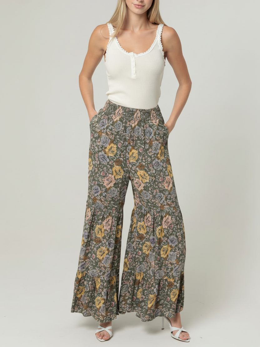 Olive Wide Leg Tiered Pants