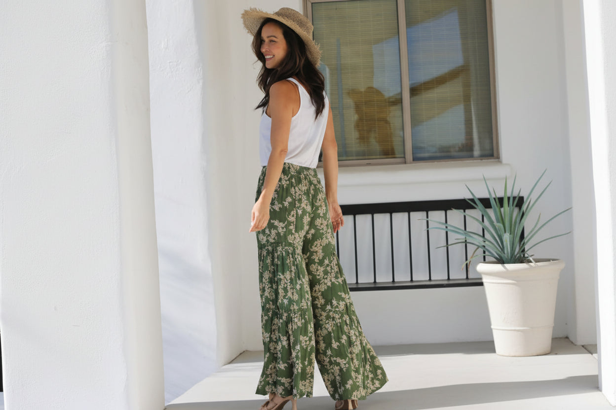 Olive Wide Leg Pants w/ Lace Inserts