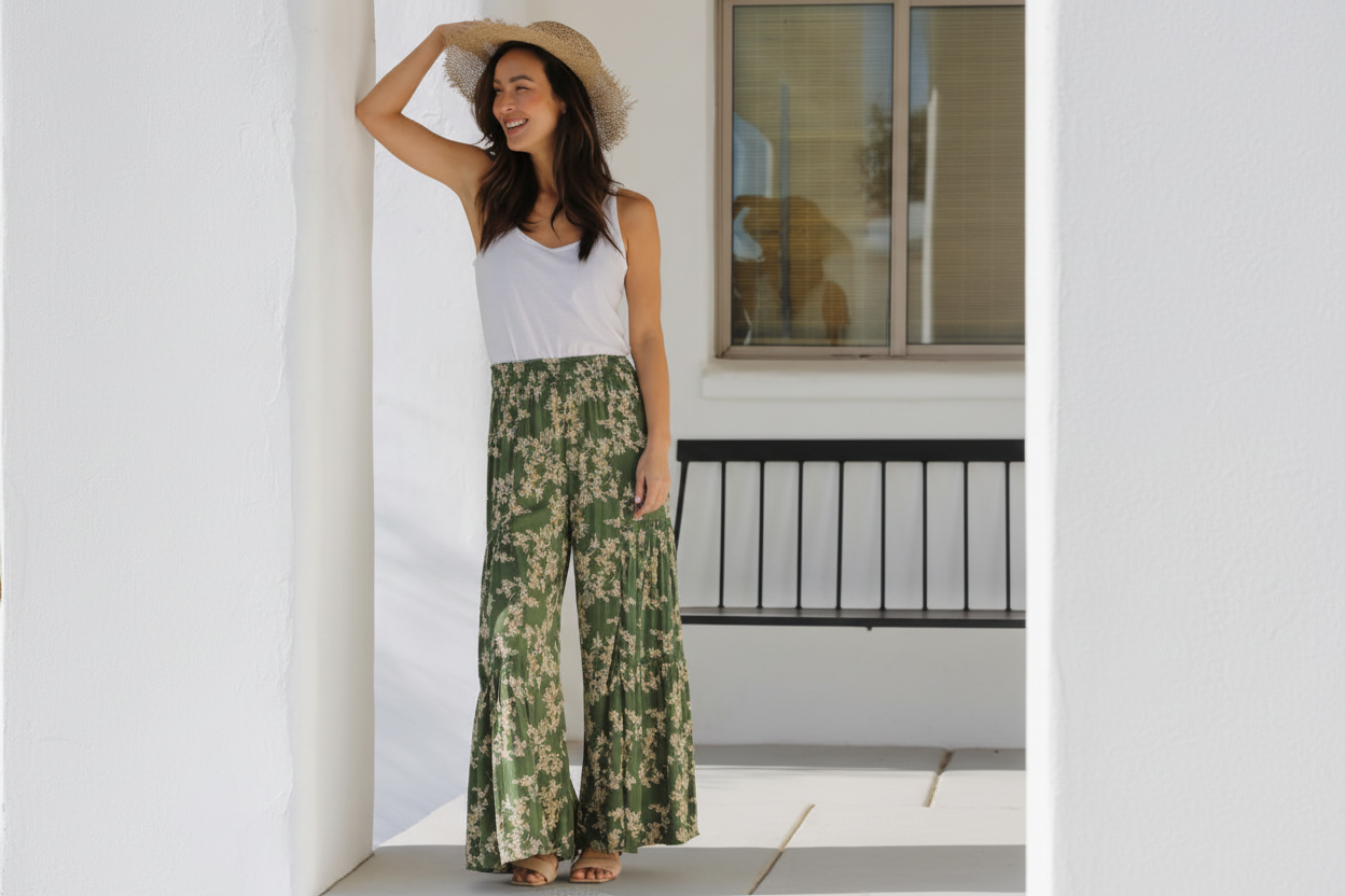 Olive Wide Leg Pants w/ Lace Inserts
