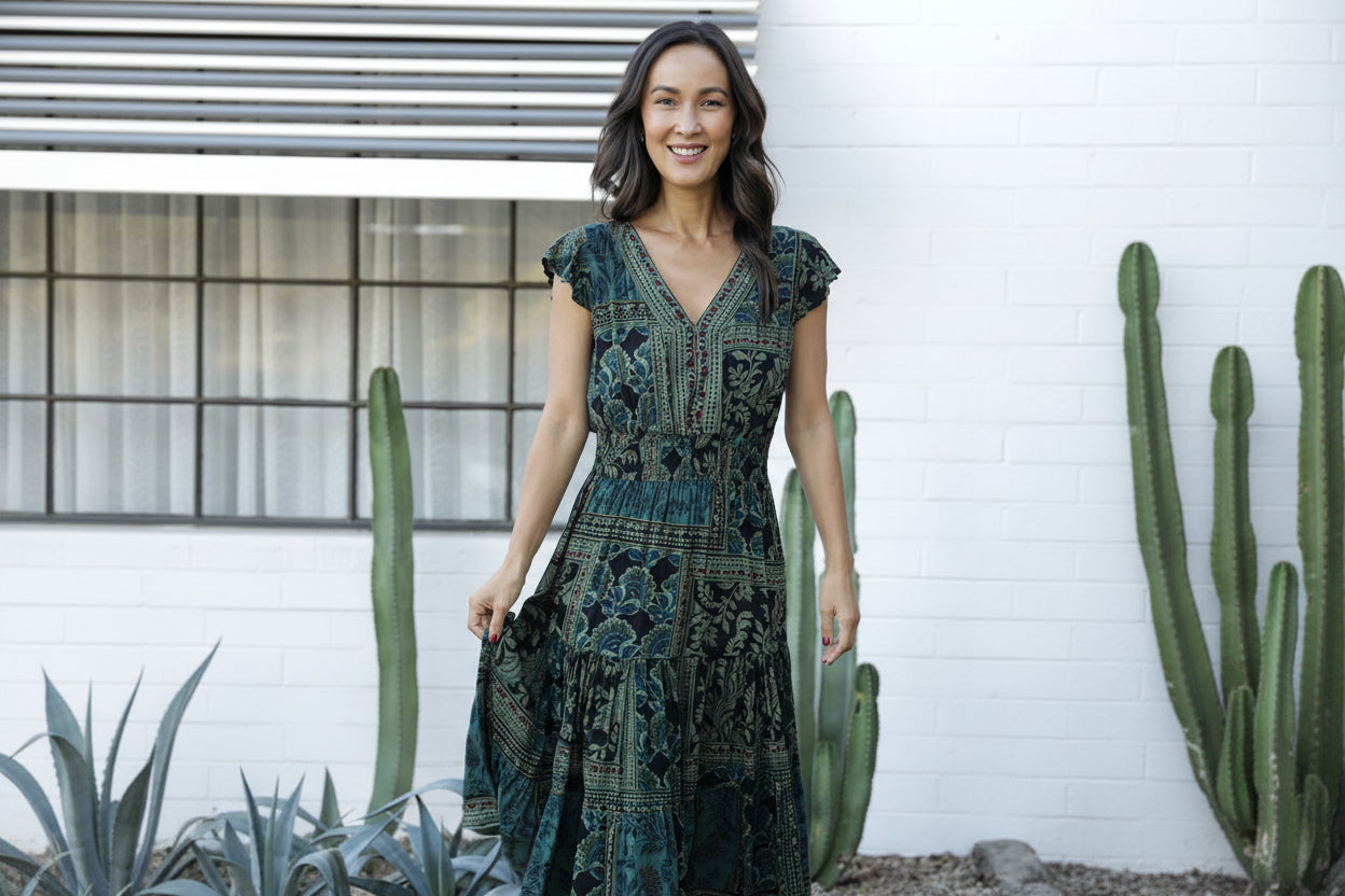 V Neck Cap Sleeve Maxi Dress