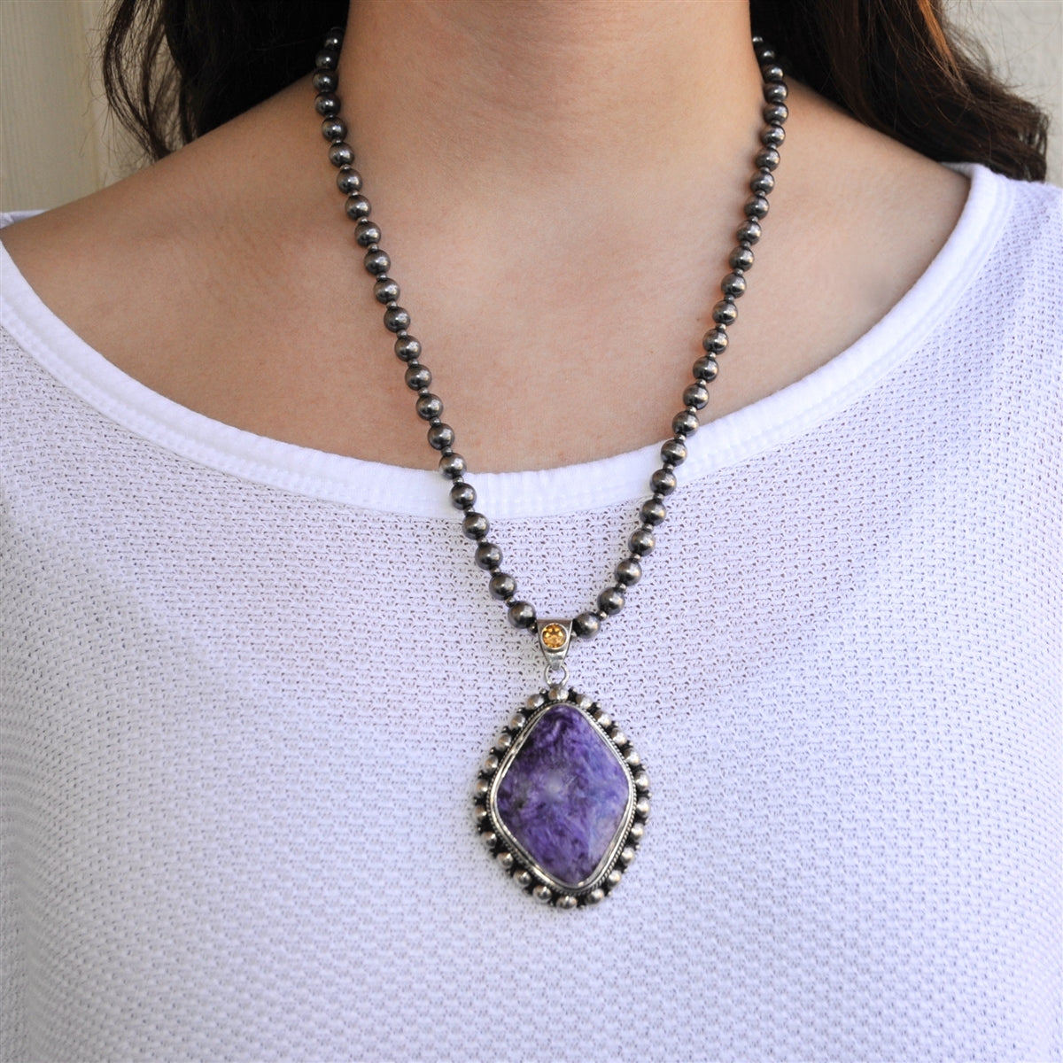 CITRINE & CHAROITE SILVER PENDANT