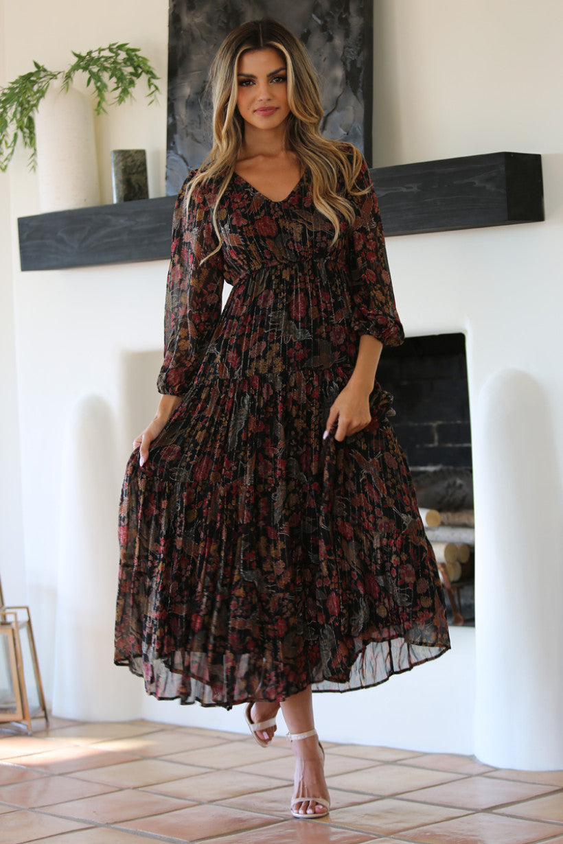 Long Sleeve V Neck Maxi Dress