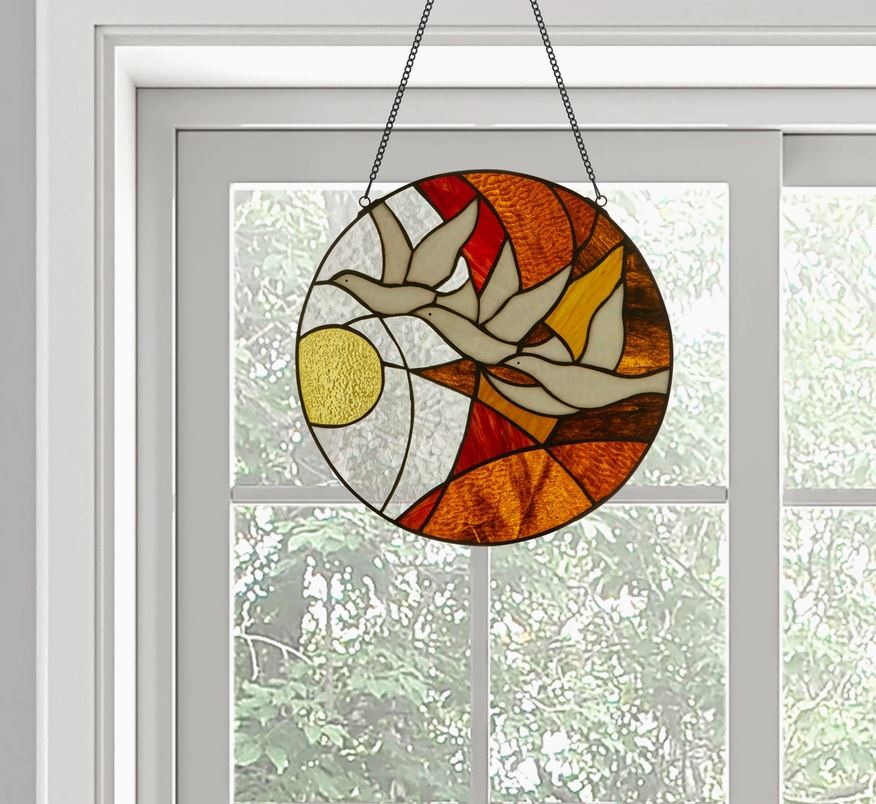 Doves At Sunset Round Stained Glass Window Panel