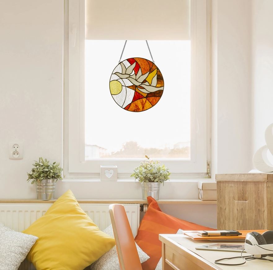 Doves At Sunset Round Stained Glass Window Panel