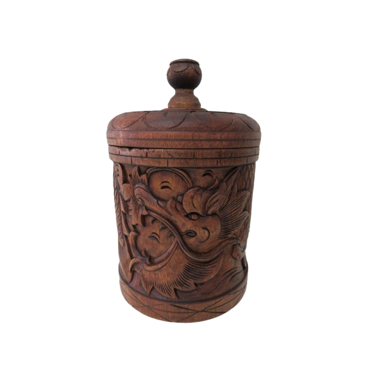 Floral Dragon Teak Wood Jar