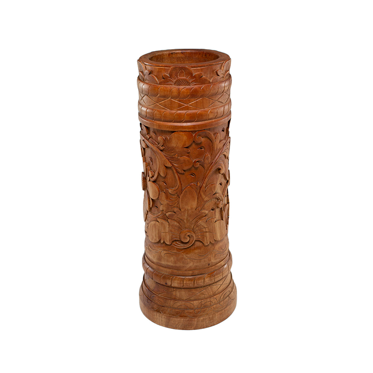 Floral Cylinder Teak Wood Vase