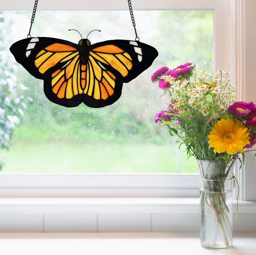 Yellow and Orange Butterfly Stained Glass Window Panel